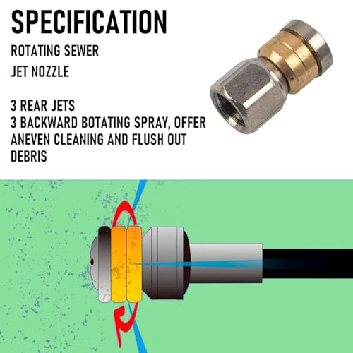 Hourleey Sewer Jetter Kit for Pressure Washer 200FT, 4000 PSI Drain Cleaner Hose 1/4 Inch NPT, Corner Rotating and Button Hose Sewer Jetting Nozzle Pearl Corsage Pin Tape Handle Strap Spanner, Green - size: Green-200 FT