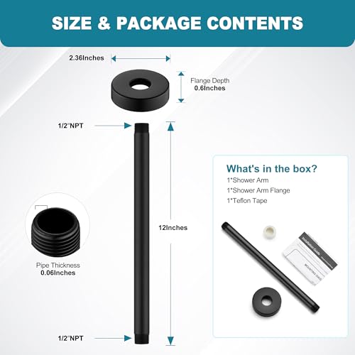 BRIGHT SHOWERS Shower Arm with Flange for Rainfall Shower Head, 12 Inch Ceiling Mount Straight Arm, Replacement Extension Pipe, Heavy-Duty Stainless Steel, Rust-Resistant, 1/2" NPT, Matte Black - color: Matte Black, style: 12 Inch