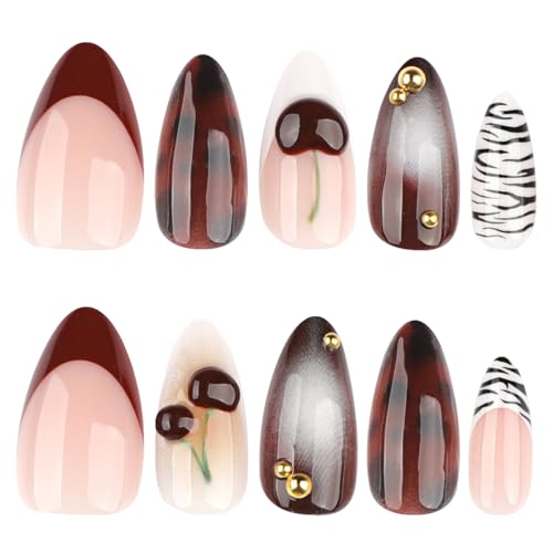 Mivota Medium Almond Press On Nails Leopard Cherry Zebra Design, Brown Nude Glossy Reusable Acrylic Look False Nails, Trendy Stylish Long-Lasting Fake Nail Set for Women 24PCS - color: 3D-65 Red White French Cherry