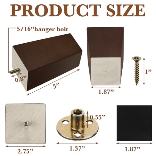 Hoteam 8 Pcs 5 Inch Square Wood Furniture Legs Couch Sofa Feet, Brown - size: 5 Inch