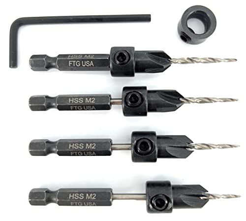 FTG USA #4 (7/64") Wood Countersink Drill Bit 4-Pc Set with 3/8" Depth Stop - size: #4, style: 4 Pc with Depth Stop