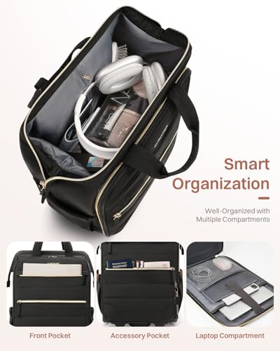 Rolling Puffer Backpack for Women, Travel Backpack with Wheels, 16 Inch Wheeled Laptop Backpck, Dual-Opening Design Overnight College Underseat Carry on Luggage, Roller Business Work Bag, Black - color: Black