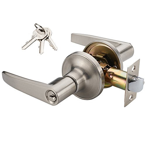 1 Pack of MANREN Lever Keyed Entry Door Lever Handle Lock, Universal Door Knob Hardware,Nickel Brushed Color (MR802ET) - color: Nickel Brushed, style: Entrance