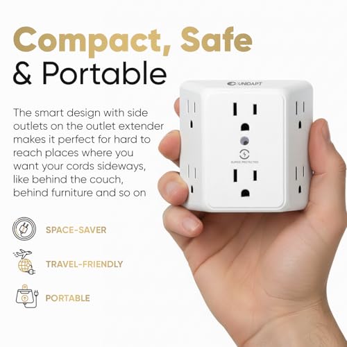 Unidapt 6 Outlet Wall Plug Extender, Surge Protector Power Strip, 1-Pack | 900 Joules, 3 Sided Wide Spaced Outlets, Mountable Wall Tap Multi Plug Charger Expander for Home, Office and Travel - style: 1-Pack