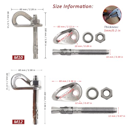 304 Stainless Steel Climbing Anchor Bolt, 25-30KN Rock Climbing Bolt Hanger, M10 and M12 Climb Fastening Bolt Safe Fixed Point, 4 Set Rock Climbing Holds
