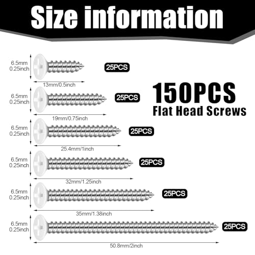 150PCS White Head Screws #6 White Screws for 2.8mm-3.0mm Holes,2”,1-1/2”,1-1/4”,1”,3/4”,1/2” Size Wood Screws Assortment Kit for Shutters,Book Shelf,Wall Plate,Shiplap,Blank Plates