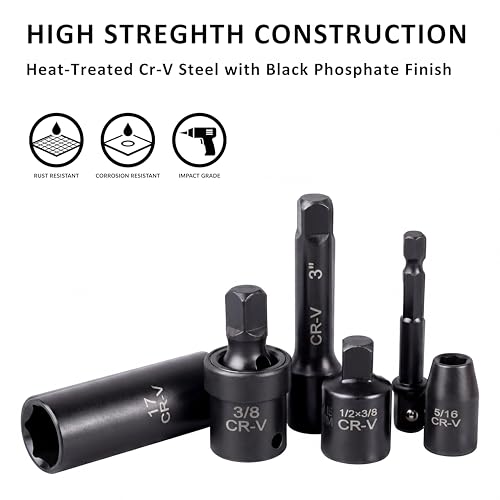 49PCS 3/8'' Drive Impact Socket Set, SAE 5/16”-3/4” & Metric 8-22mm, CR-V Steel Mechanics Tool Set with Universal Joint, Extension Bar, 1/2 to 3/8 Reducer, Hex Shank Socket Adapter, Ratchet Handle