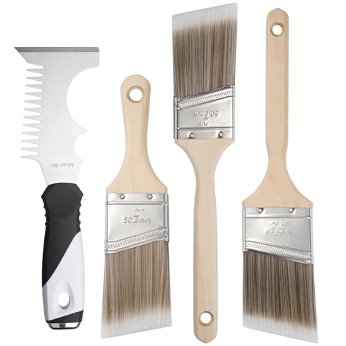 Mister Rui Angled Paint Brush 4 Pieces Set, with Paint Brush Comb Cleaner - size: 4PCS, 2" Short, 2", 2.5", Paint Comb