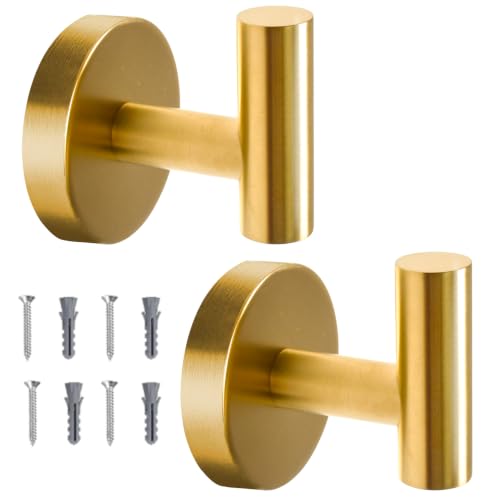Vuzvuv Brushed Gold Stainless Steel Towel Hooks (2-Pack) | SUS304, Waterproof, Heavy Duty, Coat Robe Holder, Hooks for Bathroom Kitchen Hotel - color: Gold Wall Mounted