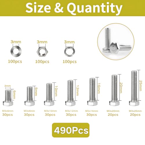 M3 Hex Head Bolts 490Pcs Metric Heavy Duty Hex Cap Bolts and Nuts Flat and Lock Washers Kit M3x6/8/10/12/16/20/25mm 304 Stainless Steel Fully Thread External Hex Drive Fasteners - size: M3