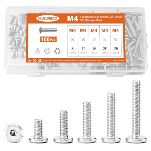 M4 x 8mm 12mm 16mm 20mm 25mm Flat Round Head Hex Socket Cap Screws Bolts, Furniture Screws, 304 Stainless Steel, Allen Hex Drive, Bright Finish, Metric Fully Threaded, Assortment Kit 100PCS - size: M4 x 8/12/16/20/25mm (100PCS)