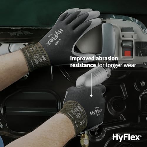Ansell HYFLEX 11-600 Light Duty Nylon Industrial Gloves w/Palm Coating for Metal Fabrication, Automotive - Medium (8), Black (1 Pair)