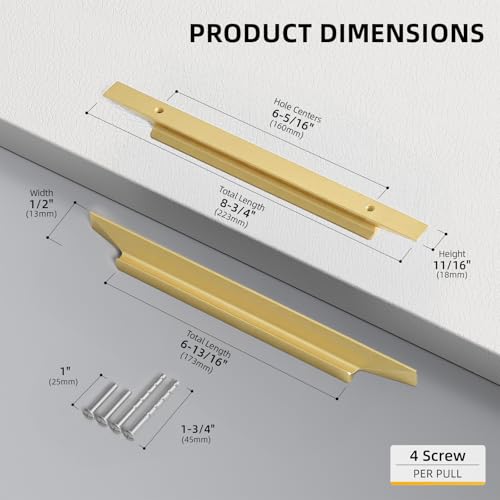 Goldenwarm 10 Pack Gold Cabinet Handles, 6-1/4" Hole Center Finger Pulls - color: Matte Gold, size: 6-1/4in Hole Centers