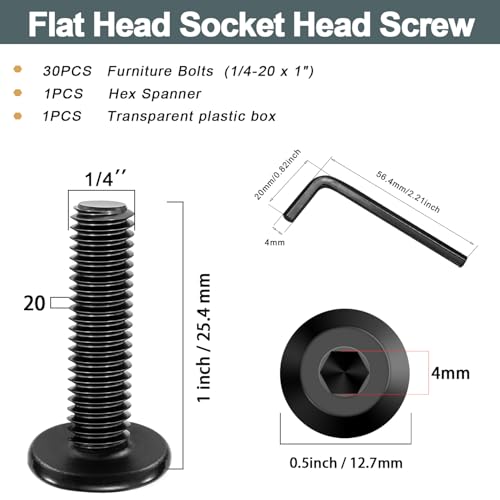 Taiss 30pcs 1/4-20 x 1 Flat Head Socket Head Screw,Furniture Bolts,Furniture Screws 304 Stainless Steel,1/4 Bolts Black Zinc Plated Fully Threaded,Countersunk Connector Screws with Hex Spanner - size: 30PCS 1/4-20x1"