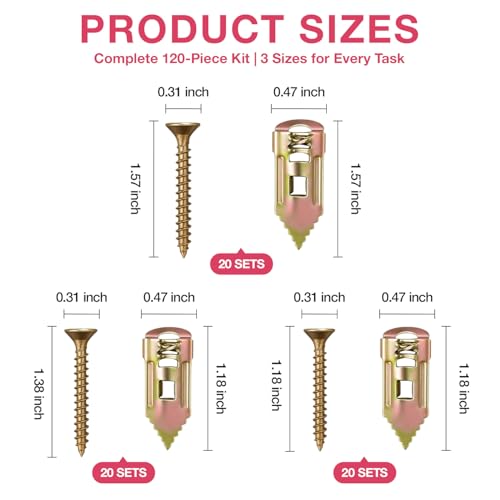 3 Sizes Self Drilling Drywall Anchors with Screws Kit, 120PCS Heavy Duty Galvanized Metal Expansion Anchors, Drywall Grip Anchors and Screws for Shelf, Mirror, Pictures Frames