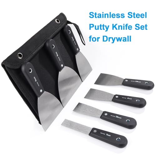 weiwei Carbon Stainless Steel Putty Knife Set, 7 PCS Spackle Knife with Storage Bag Sturdy Putty Scraper Knives Drywall Tools for Craftsman Wall Paint Repair Smoothing (1", 1.5", 2", 2.5", 3", 4", 5")
