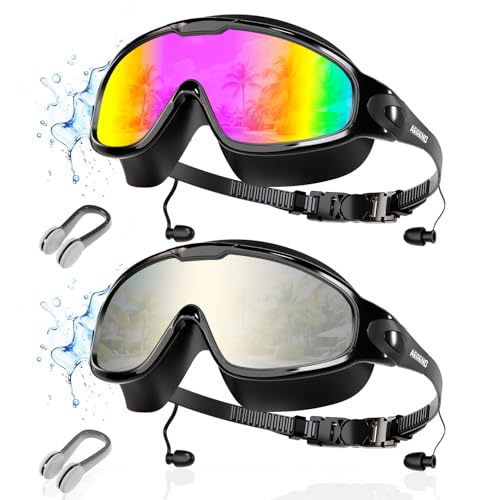 Aegend New Adult Wide View Swim Goggles, Anti-Fog/UV No Leak Swimming Goggles with Ear Plugs for Men & Women - color: Bright Silver & Bright Rose