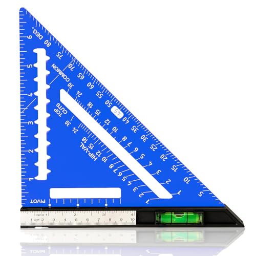 Beslands 7 inch Rafter Square with Level, Aluminum Metal Triangle Ruler Carpenter Square Woodworking Layout Tool Aluminum Triangle Tool Stainless Steel Ruler (Blue) - color: Blue, size: 7" - Level