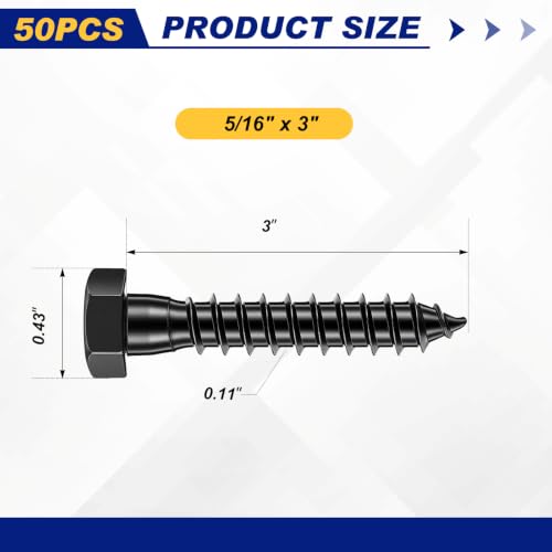Zonon 50 Pcs 5/16" X 3" Hex Head Lag Screw Bolts Lag Screw Kit, Black - color: Black, size: 5/16" X 3"