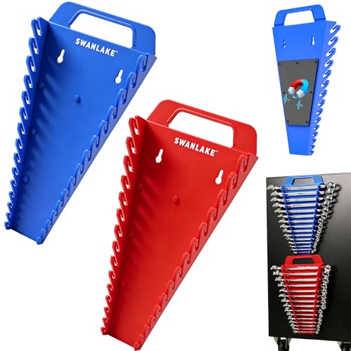 SWANLAKE Magnetic Wrench Organizer Toolbox Holder, 2-Pack SAE (1/4'' to 1-1/16''), Metric (6mm to 27mm) Ratchet Wrench Organizers, Total Hold 30 Slots Wrench Holders for Tool Box - style: 30-Slot Red&Blue