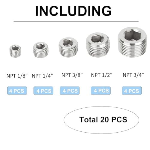 20 PCS 304 Stainless Steel Pipe Plug Socket Set, 1/8" 1/4" 3/8" 1/2" 3/4" NPT Male Plug, 5 Size Internal Hex Head Pipe Fitting Kit for Leak