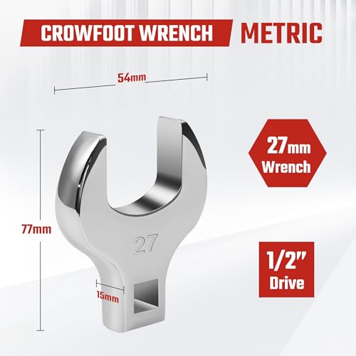 1/2'' Full Polish Drive Jumbo Crowfoot Wrench, Open End Wrench, Metric, 27mm, CR-V Steel, Tools for Mechanics Maintenance or Repairs, Access Fasteners in Tight Spaces Work Hard-To-Reach Areas - size: METRIC-27mm