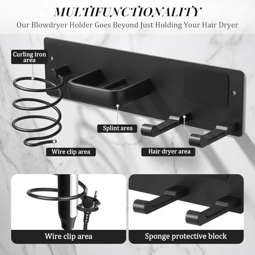 Hair Tool Organizer Wall Mount, Bathroom Storage Rack with Dryer Holder, Flat Iron Stand, Curling Iron Caddy, 3-in-1 Heat-Resistant Hair Rack, No-Drill Adhesive or Screw Mount, Matte Black - style: Black Hook style