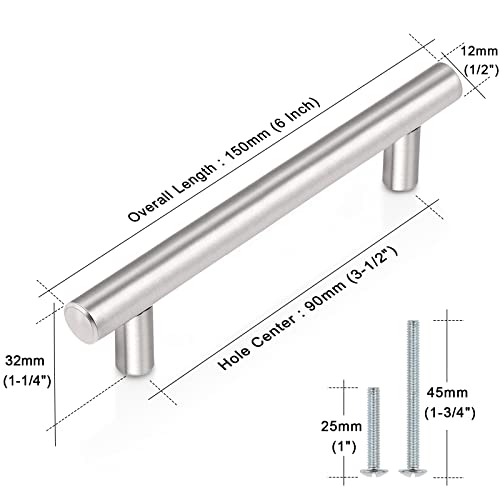 Probrico 5 Pack|3-1/2 Inch Modern Cabinet Pulls Satin Nickel, Stainless Steel Cabinet Handles Drawer Dresser Pull for Kitchen Cupboard Wardrobe Closet Vanity, 6 Inch Total Length - color: Brushed Nickel, size: hole center 3-1/2"