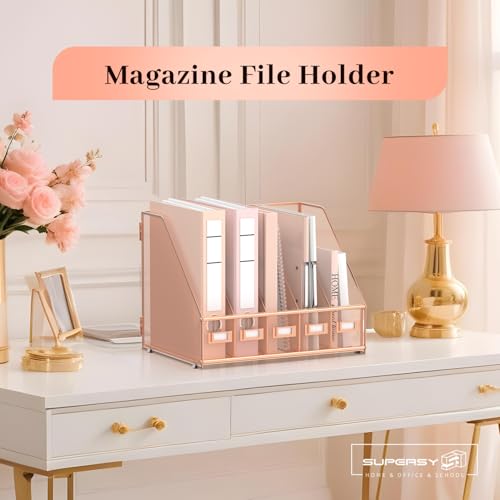 SUPEASY Desk Organizers Metal Desk Magazine File Holder with 5 Vertical Compartments Rack File Organizer for Office Desktop, Home Workspace, Rose Gold, Plus - color: Rose Gold, size: Large