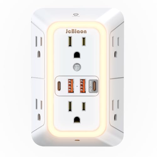 Multi Plug Outlet Surge Protector, 6 Outlet Extender and 4 USB with PD30W USB-C Fast Charging, 3-Sided 1050J Surge Protector Power Strip with Night Light for Home Travel Office-ETL - color: White-30W-1Pcs