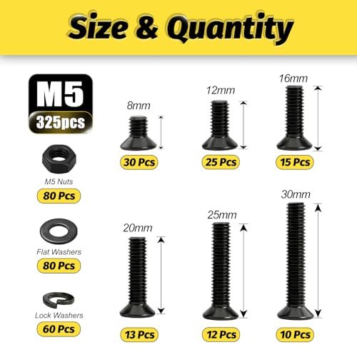 KADRICK 325Pcs M5 Countersunk Screw Kit,M5 Flat Head Bolts Nuts Washers - size: M5 325Pcs 8-30mm