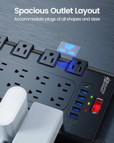 SUPERDANNY Power Strip Surge Protector, 22 AC 6 USB, 2100J, 6.5Ft,1875W/15A - color: Black, size: 6 USB - 6.5 ft