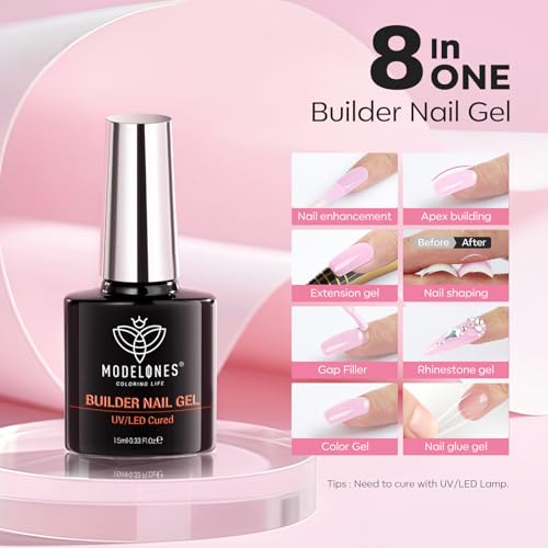 modelones Builder Nail Gel with Gel Base Top Coat, 3Pcs Baby Pink Builder - color: A3 Baby Pink Gel Builder with Base Top Coat, size: 0.5 Fl Oz (Pack of 3)