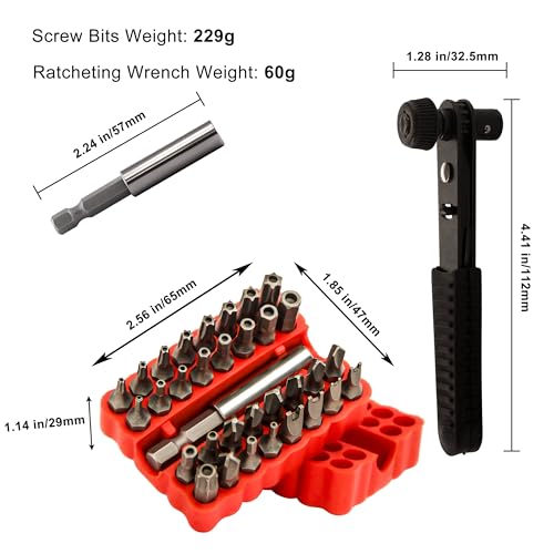 34pcs Security Bit Set 1/4 Inch Hex Shank Screwdriver Bit Set,Tamper Proof Bits-Torx+Hex+Tri Wing+Star+Spanner for Torx Security Screwdriver Set,High Hardness Impact Driver Bit Set(Red+BlackRatchet) - color: Red+blackratchet