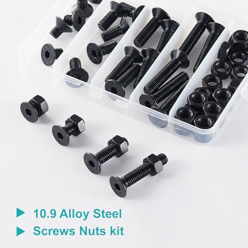 M8 x 10mm 20mm 30mm 40mm, Flat Head Hex Socket Cap Screws Bolts, Countersunk Bolts and Nuts, 10.9 Grade Alloy Steel, Black Oxide, Metric Allen Drive, Fully Thread, Assortment Kit 48PCS - size: M8x10-40mm+Nuts