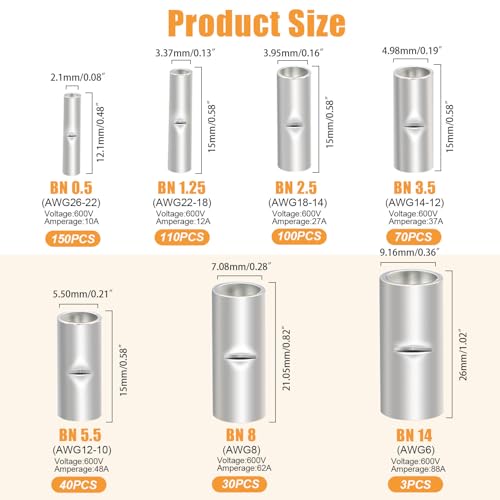 mankk 503PCS 26-6AWG Non Insulated Butt Connectors Kit - color: 503PCS 26-6AWG Kit-Non Insulated
