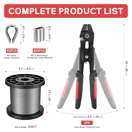 328FT 1/16" Wire Rope Crimping Tool Kit for Hanging, Crafting
