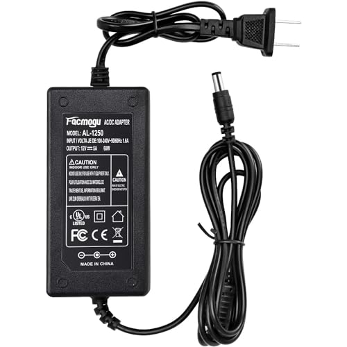 Facmogu 12V 5A Power Supply, AC 100-240V Adapter Converter Transformer 60W - size: 12V 5A (2 Prong Plug)