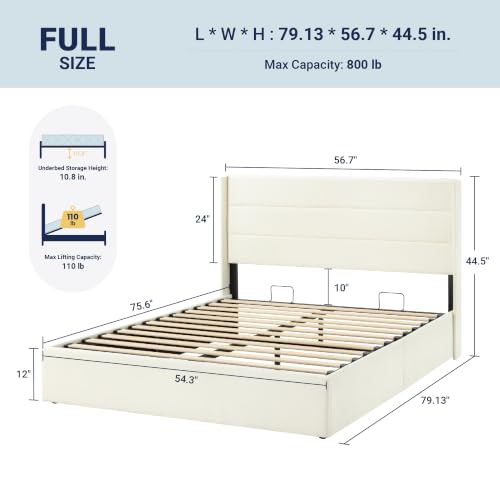 Allewie Full Size Chenille Lift Up Hydraulic Storage Bed Frame Cream White - color: Cream White, size: Full, style: Modern