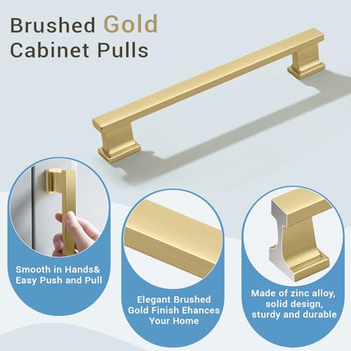 KNOBWELL 6 Pack Brushed Gold Solid Cabinet Pulls 6-3/10 Inch(160mm) Hole Center Kitchen Cabinet Handles,Cabinet Hardware for Cupboard Drawer Pulls - color: Brushed Gold, size: Hole Center：6-3/10 inch（160mm）
