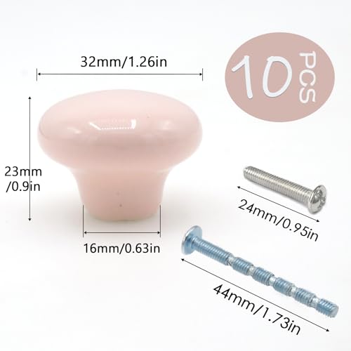 10-Pack Ceramic Cabinet Knobs Pink 32mm Round Drawer Pull - color: Pink
