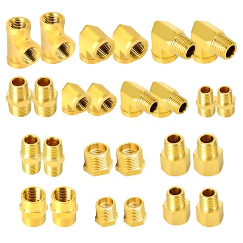 GASHER 26PCS Brass Pipe Fitting Kit, Hex Bushing, Reducer Adapter, Hex Nipple, 90 Degree Barstock Street Elbow - style: Brass Pipe Kit（26Pcs）