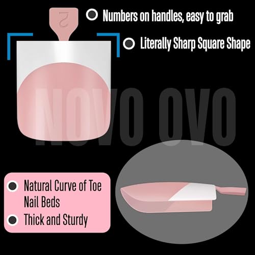 NOVO OVO French Tip Toe Nail Tips Press on, Sharp Square Pre-Designed Soft Gel False Toenail Extension, BABY PINK Pre-applied Tip Primer & Base Coat, Full Cover Acrylic for DIY x 15 Sizes 240 pcs - color: Sharp Square French Tip Baby Pink