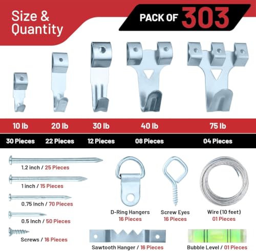 CrimsonMark 303-Piece Picture Hanging Assortment with Heavy Duty Hooks | Includes Nails, Sawtooth, D-Rings, Wire, Level & Metal Wall Hooks for Picture Framing and Canvas Mounting in Silver. - size: Silver