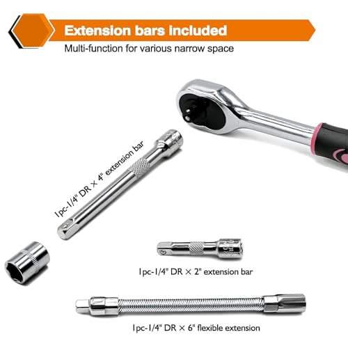 Egofine 46 Pieces 1/4 inch Drive Socket Ratchet Wrench Set, with Bit Socket Set Metric and Extension Bar for Auto Repairing and Household, with Pink Storage Case - color: Pink