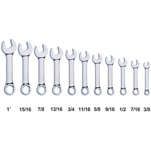 Premium Stubby Combination Wrench Set with Roll-up Pouch, 11-Piece, SAE, 3/8” to 1”, No Skipped Inch Size | Cr-V Steel, Mirror Polished Finish | Short Length and Slim Body, Perfect for Confined Areas - size: SAE Set