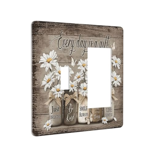 Floral Daisy Rustic Vintage Flower Vase Wood Grain Outlet Covers 1 Toggle 1 Rocker Combination Decorative Wall Plate Electrical Switch Plates Light Switch Cover Plate for Farmhouse Home Decor - color: Floral Daisy Rustic Vintage Flower Vase Wood Grain, si