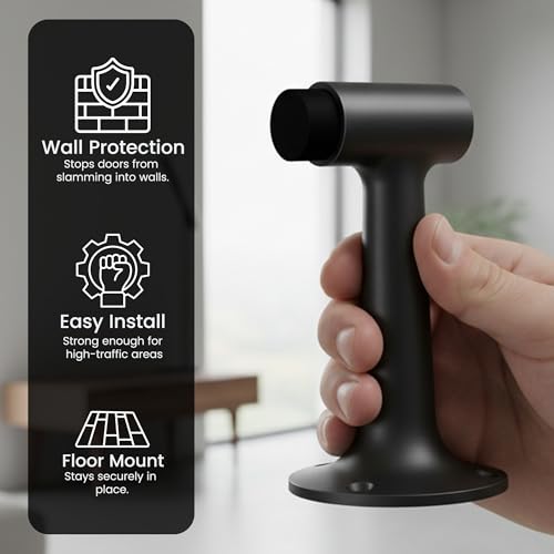 Heavy Duty 6″ Door Stop, Solid Brass Commercial Grade, Floor Mount Stopper (Matte Black) - color: Matte Black