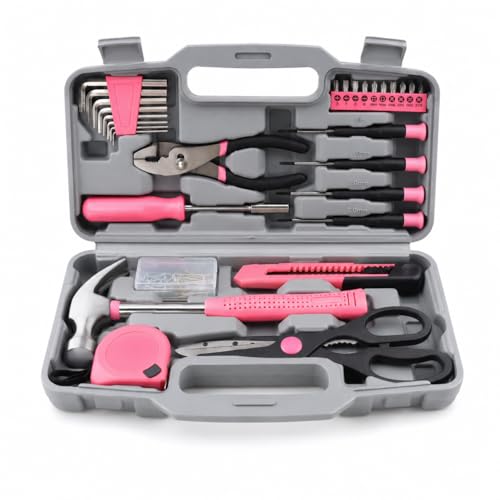 62-Piece Household Tool Kit with Pink Storage Case, Home Repair Tool Set with Hammer, Pliers, Screwdrivers, Hex Keys, Tape Measure, Utility Knife and Scissors for DIY, Apartment, Dorm and Office