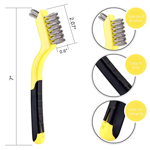 Lavaxon Wire Brush Set 3Pcs - Nylon/Brass/Stainless Steel Bristles with Curved Handle Grip for Rust, Dirt & Paint Scrubbing with Deep Cleaning – 7 Inches (Yellow) - color: Yellow